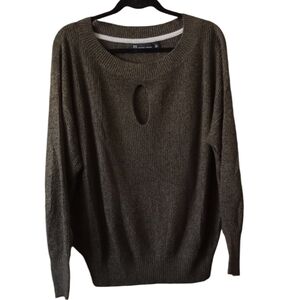 New York & Company Keyhole Cutout Pullover Sweater Large Dark Green Marled
